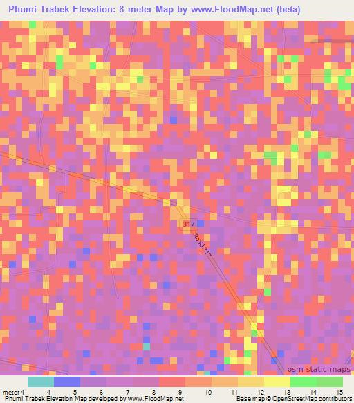 Phumi Trabek,Cambodia Elevation Map