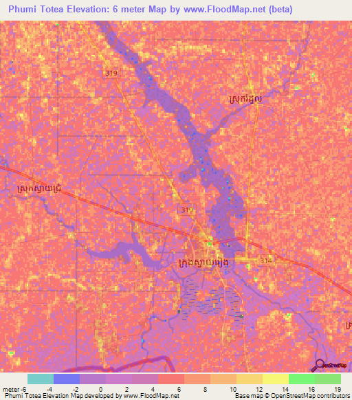 Phumi Totea,Cambodia Elevation Map