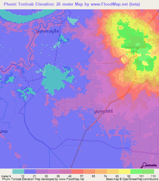 Phumi Tonloab,Cambodia Elevation Map