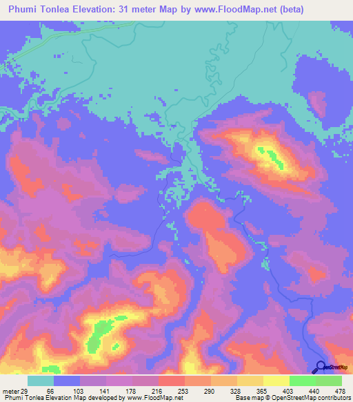 Phumi Tonlea,Cambodia Elevation Map