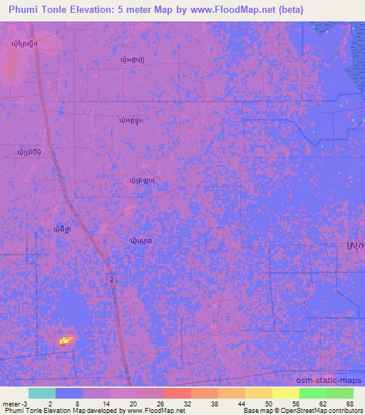 Phumi Tonle,Cambodia Elevation Map