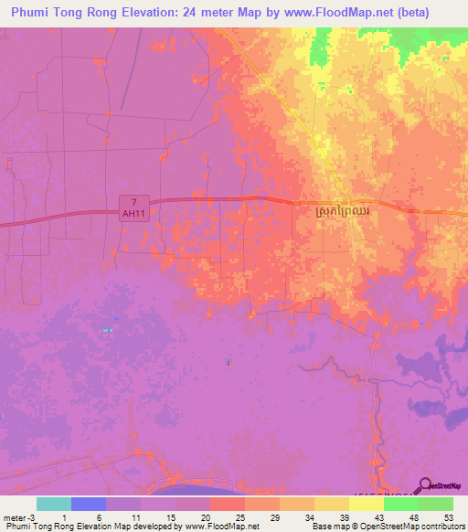 Phumi Tong Rong,Cambodia Elevation Map