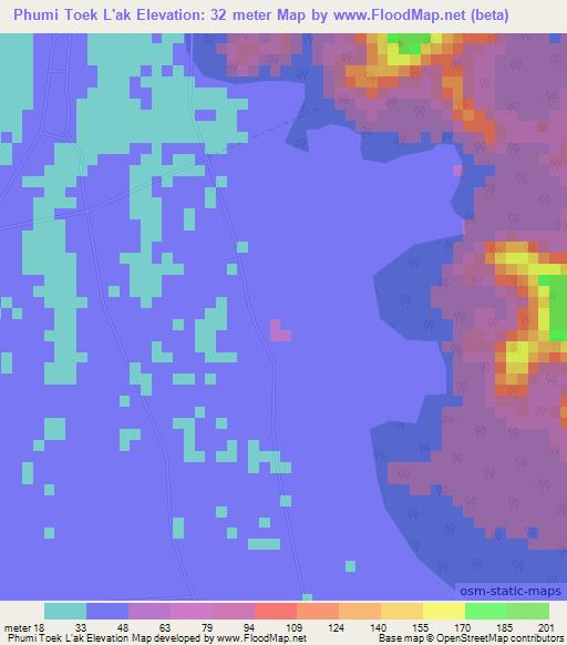 Phumi Toek L'ak,Cambodia Elevation Map