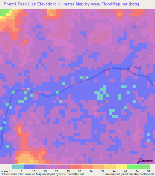 Phumi Toek L'ak,Cambodia Elevation Map