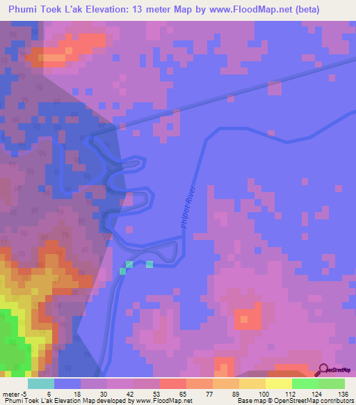 Phumi Toek L'ak,Cambodia Elevation Map