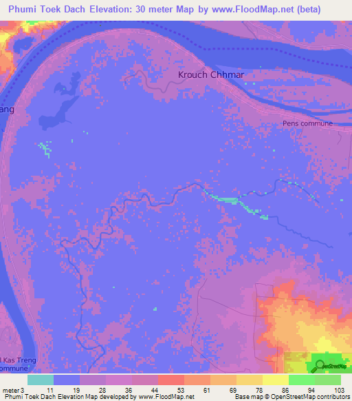 Phumi Toek Dach,Cambodia Elevation Map