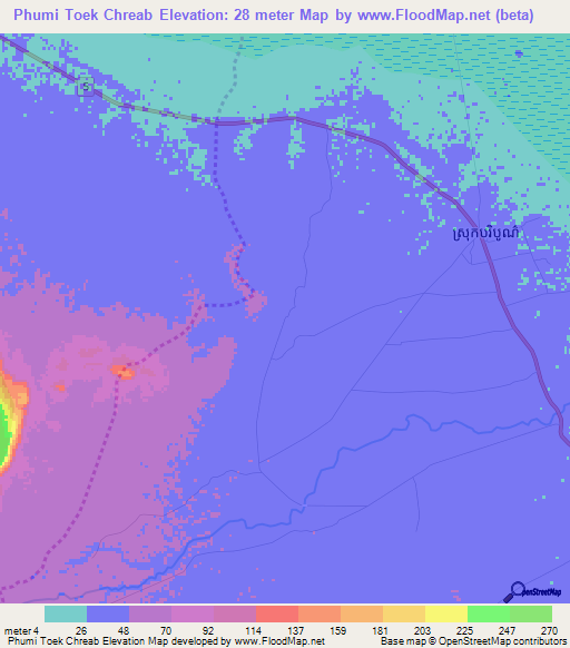 Phumi Toek Chreab,Cambodia Elevation Map