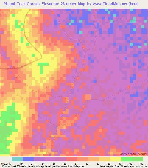 Phumi Toek Chreab,Cambodia Elevation Map