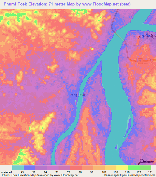 Phumi Toek,Cambodia Elevation Map