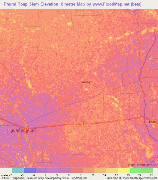 Phumi Toap Siem,Cambodia Elevation Map