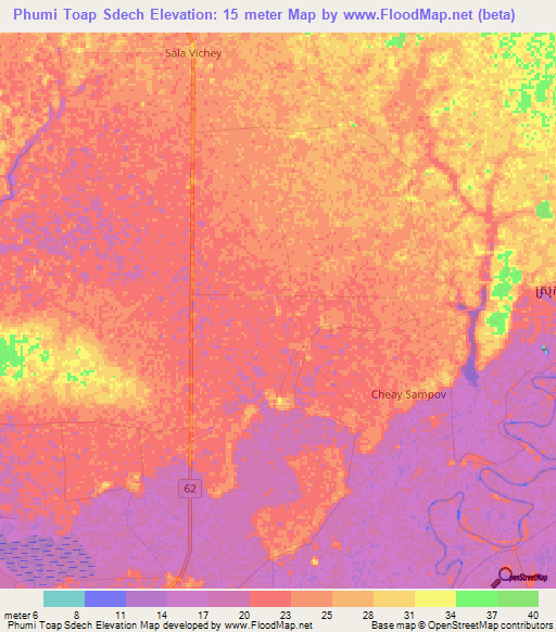 Phumi Toap Sdech,Cambodia Elevation Map