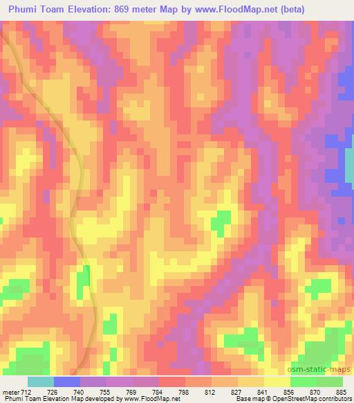 Phumi Toam,Cambodia Elevation Map