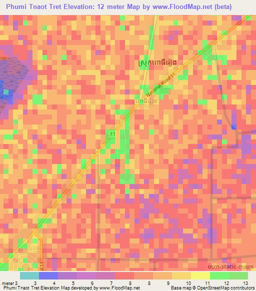 Phumi Tnaot Tret,Cambodia Elevation Map
