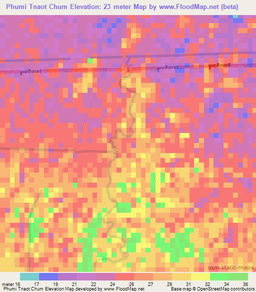 Phumi Tnaot Chum,Cambodia Elevation Map