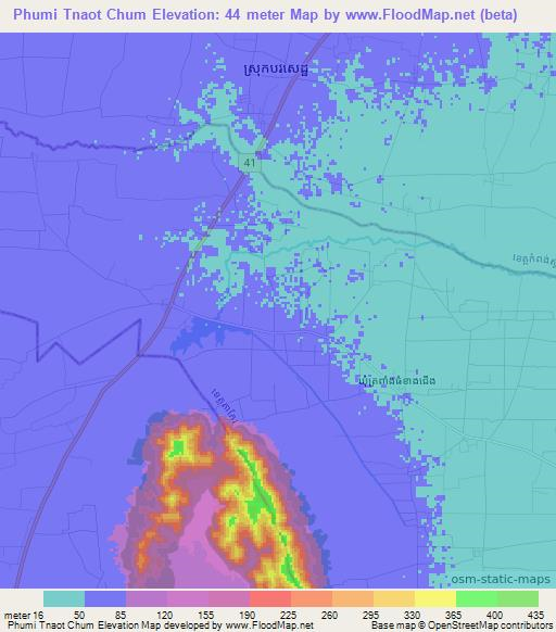 Phumi Tnaot Chum,Cambodia Elevation Map