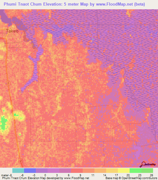 Phumi Tnaot Chum,Cambodia Elevation Map