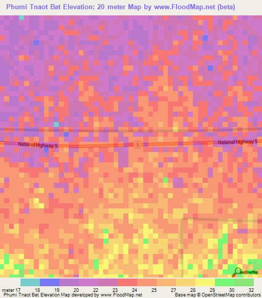 Phumi Tnaot Bat,Cambodia Elevation Map