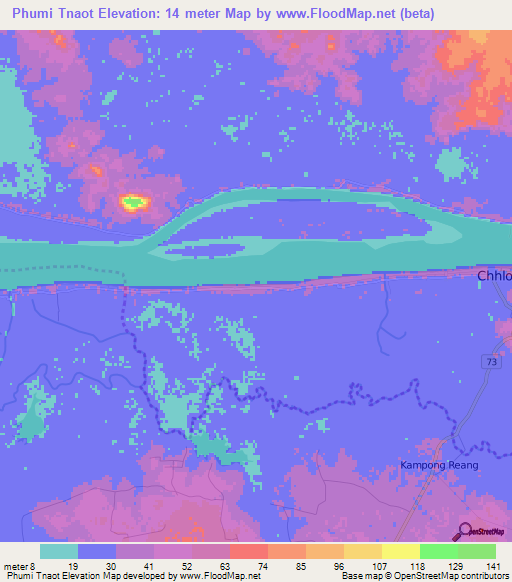 Phumi Tnaot,Cambodia Elevation Map