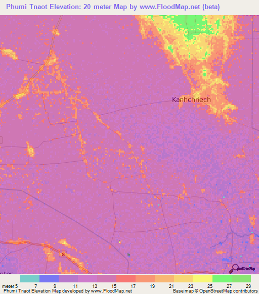 Phumi Tnaot,Cambodia Elevation Map