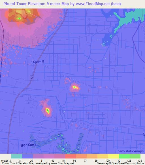 Phumi Tnaot,Cambodia Elevation Map