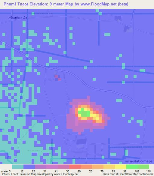 Phumi Tnaot,Cambodia Elevation Map