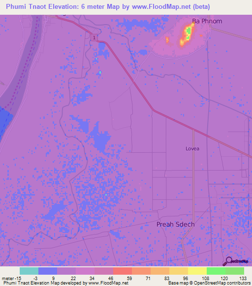 Phumi Tnaot,Cambodia Elevation Map