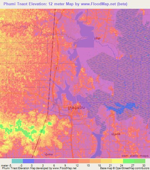 Phumi Tnaot,Cambodia Elevation Map