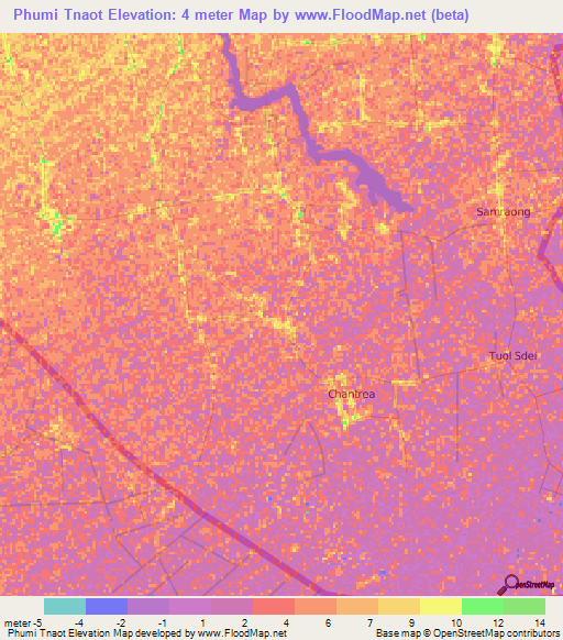 Phumi Tnaot,Cambodia Elevation Map