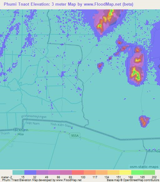 Phumi Tnaot,Cambodia Elevation Map