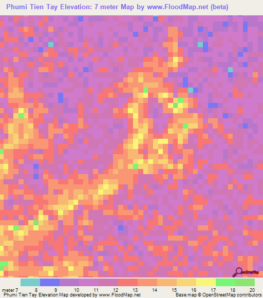 Phumi Tien Tay,Cambodia Elevation Map