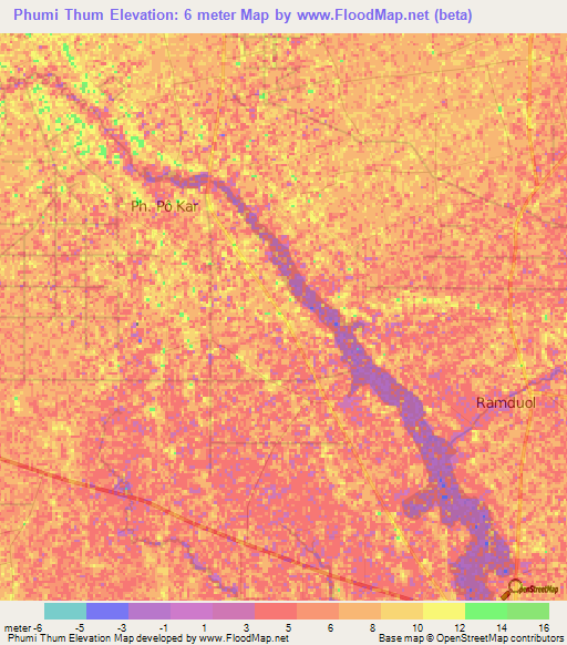 Phumi Thum,Cambodia Elevation Map