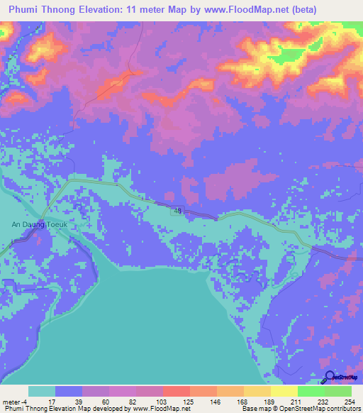 Phumi Thnong,Cambodia Elevation Map