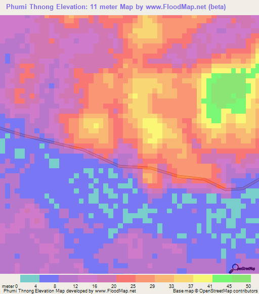 Phumi Thnong,Cambodia Elevation Map