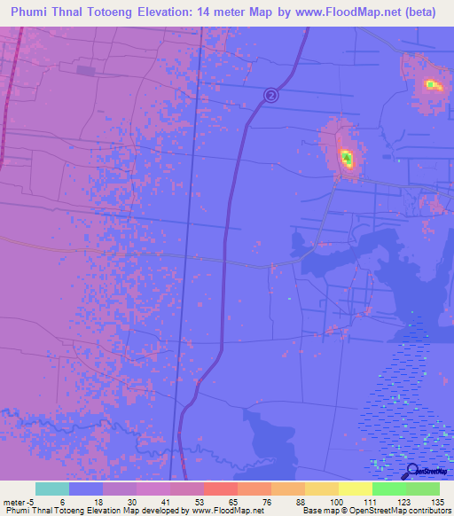 Phumi Thnal Totoeng,Cambodia Elevation Map