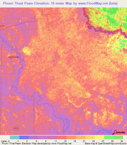 Phumi Thnal Peam,Cambodia Elevation Map