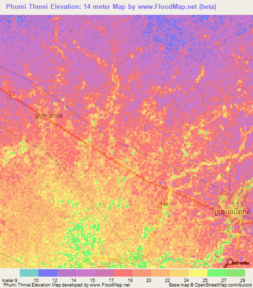Phumi Thmei,Cambodia Elevation Map