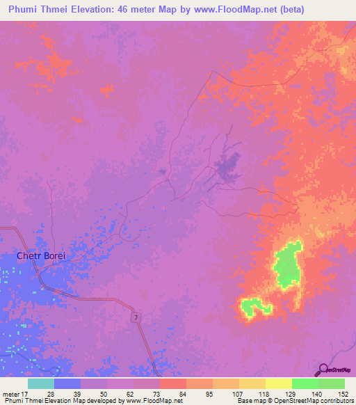 Phumi Thmei,Cambodia Elevation Map
