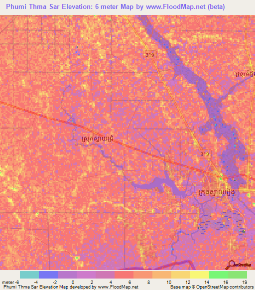 Phumi Thma Sar,Cambodia Elevation Map
