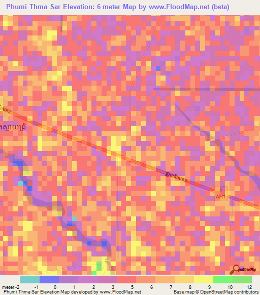 Phumi Thma Sar,Cambodia Elevation Map