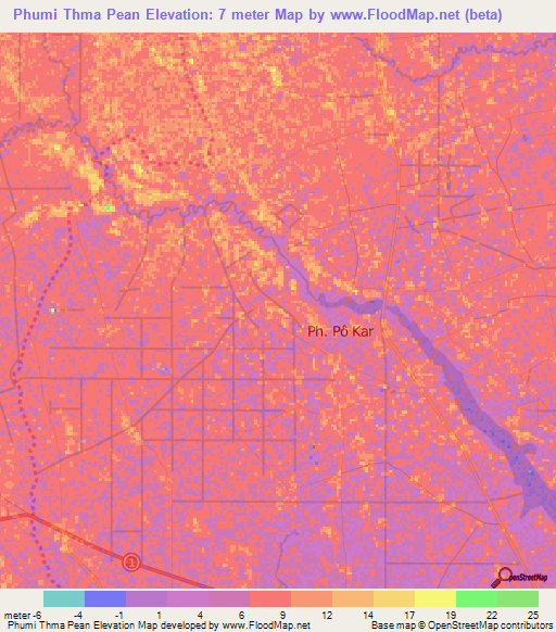 Phumi Thma Pean,Cambodia Elevation Map