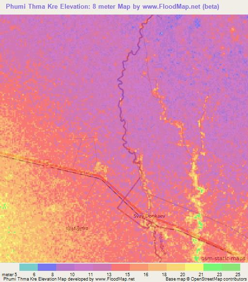 Phumi Thma Kre,Cambodia Elevation Map