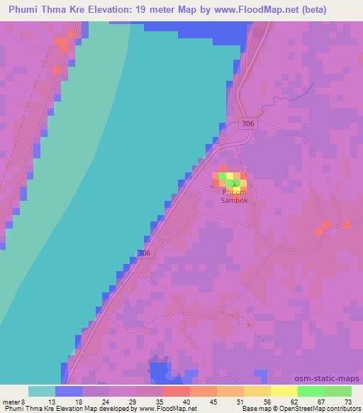 Phumi Thma Kre,Cambodia Elevation Map