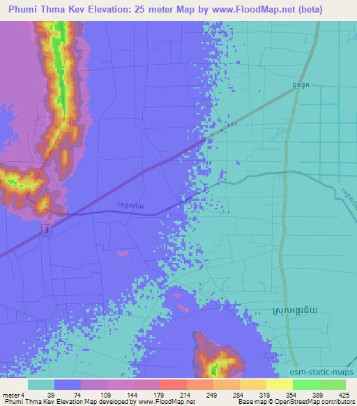 Phumi Thma Kev,Cambodia Elevation Map