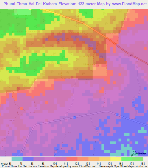 Phumi Thma Hal Dei Kraham,Cambodia Elevation Map