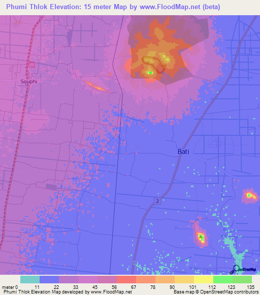Phumi Thlok,Cambodia Elevation Map