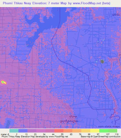 Phumi Thkau Neay,Cambodia Elevation Map
