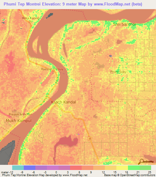 Phumi Tep Montrei,Cambodia Elevation Map