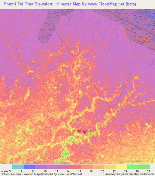 Phumi Tei Trav,Cambodia Elevation Map