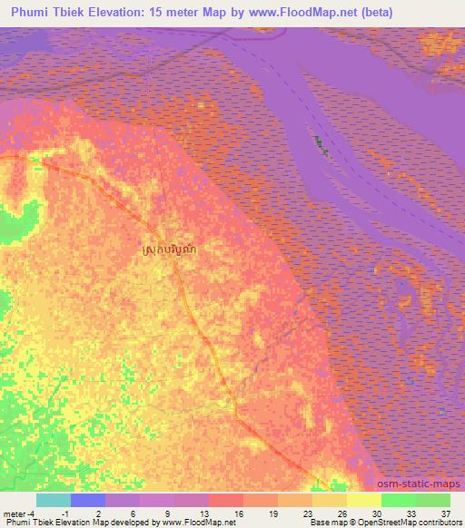 Phumi Tbiek,Cambodia Elevation Map