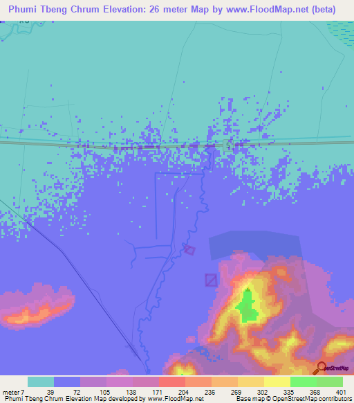 Phumi Tbeng Chrum,Cambodia Elevation Map